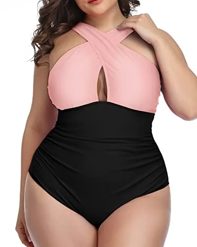 Vintage Keyhole Tummy Control One Piece Bathing Suits-Pink And Black