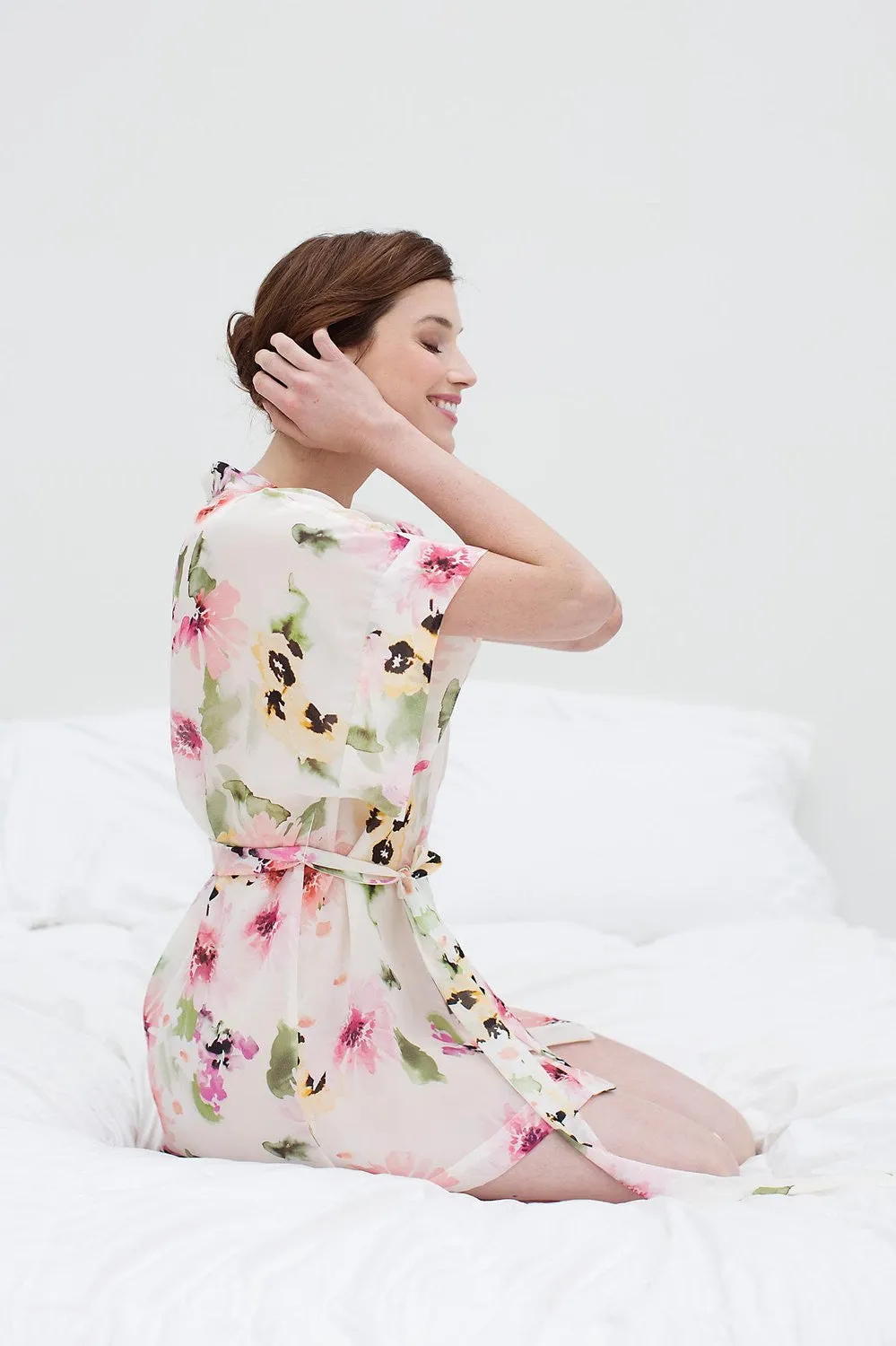 Watercolor Dreams Floral print Silk Chiffon Kimono Robe