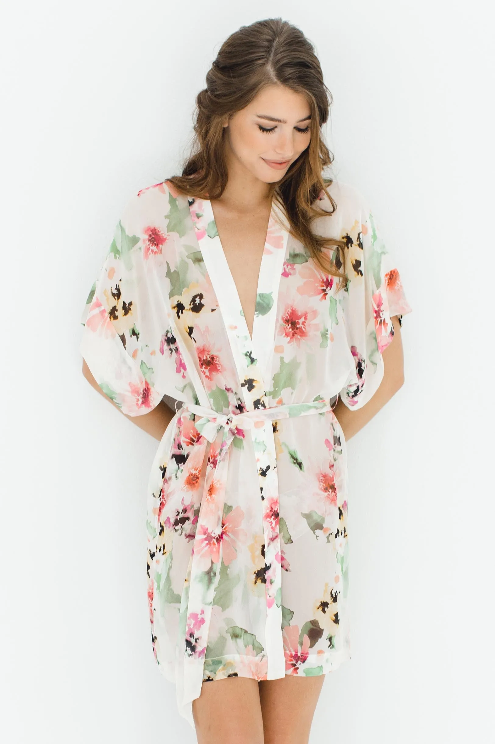 Watercolor Dreams Floral print Silk Chiffon Kimono Robe