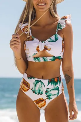 White & Floral Print Glamorous High Waist Bikini