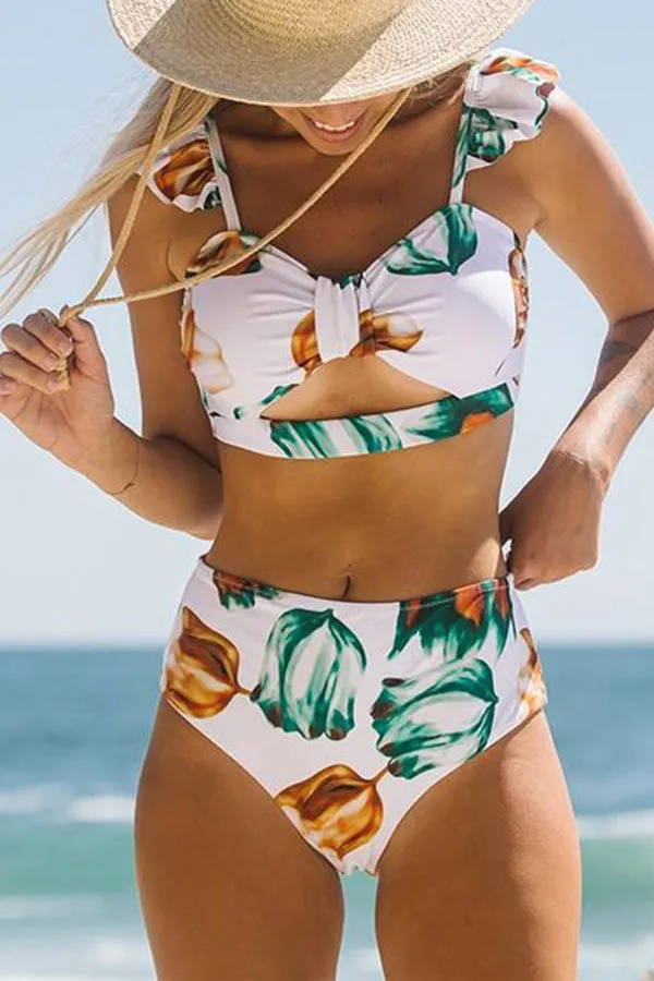 White & Floral Print Glamorous High Waist Bikini