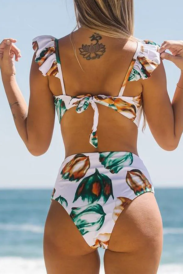 White & Floral Print Glamorous High Waist Bikini