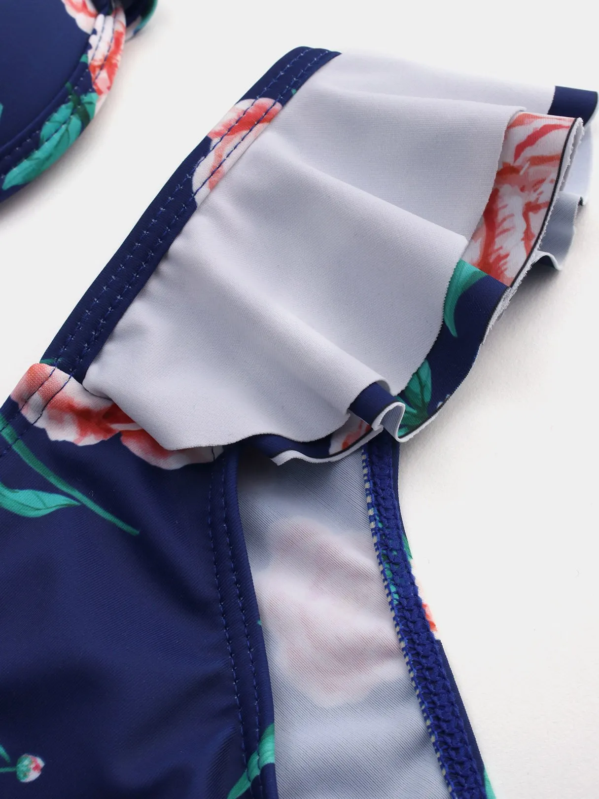 Wholesale Blue Floral Print Self-Tie Ruffle Trim Bikini Swimwear