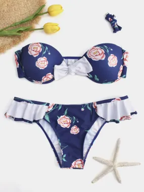 Wholesale Blue Floral Print Self-Tie Ruffle Trim Bikini Swimwear