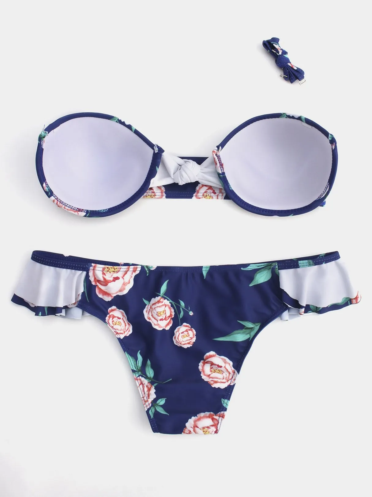 Wholesale Blue Floral Print Self-Tie Ruffle Trim Bikini Swimwear