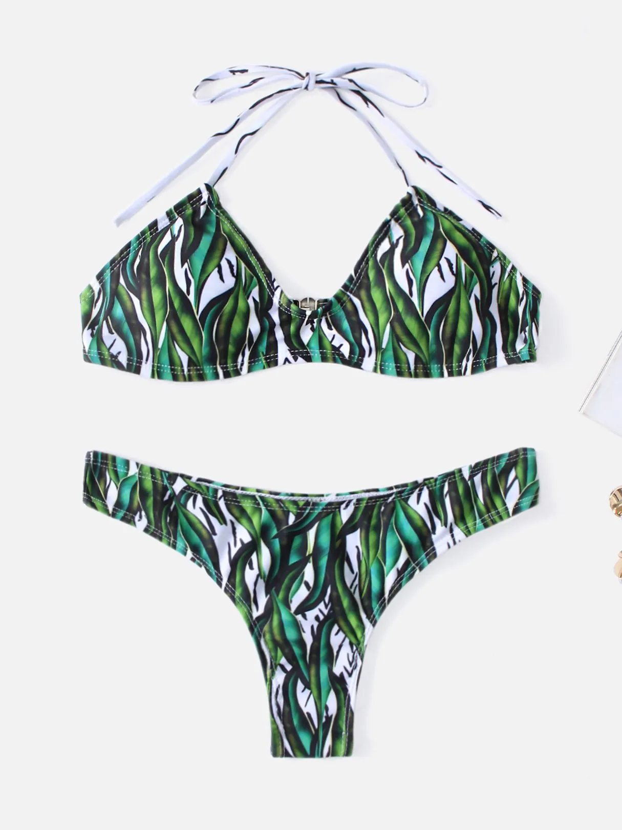Wholesale Green Halter Sleeveless Floral Print Backless Two Piece Bikinis