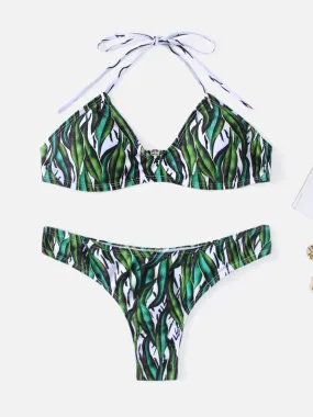 Wholesale Green Halter Sleeveless Floral Print Backless Two Piece Bikinis