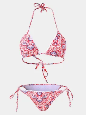 Wholesale Halter Deep V Neck Sleeveless Floral Print Backless Bikini Suit