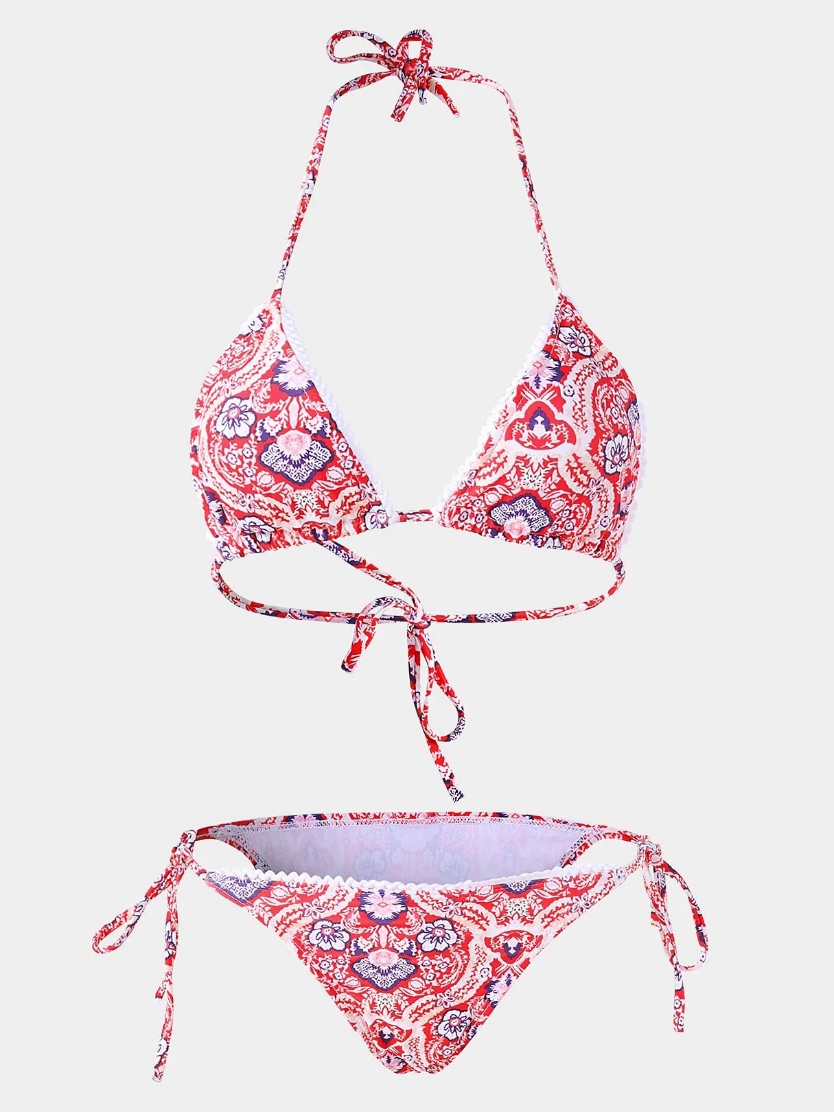 Wholesale Halter Deep V Neck Sleeveless Floral Print Backless Bikini Suit