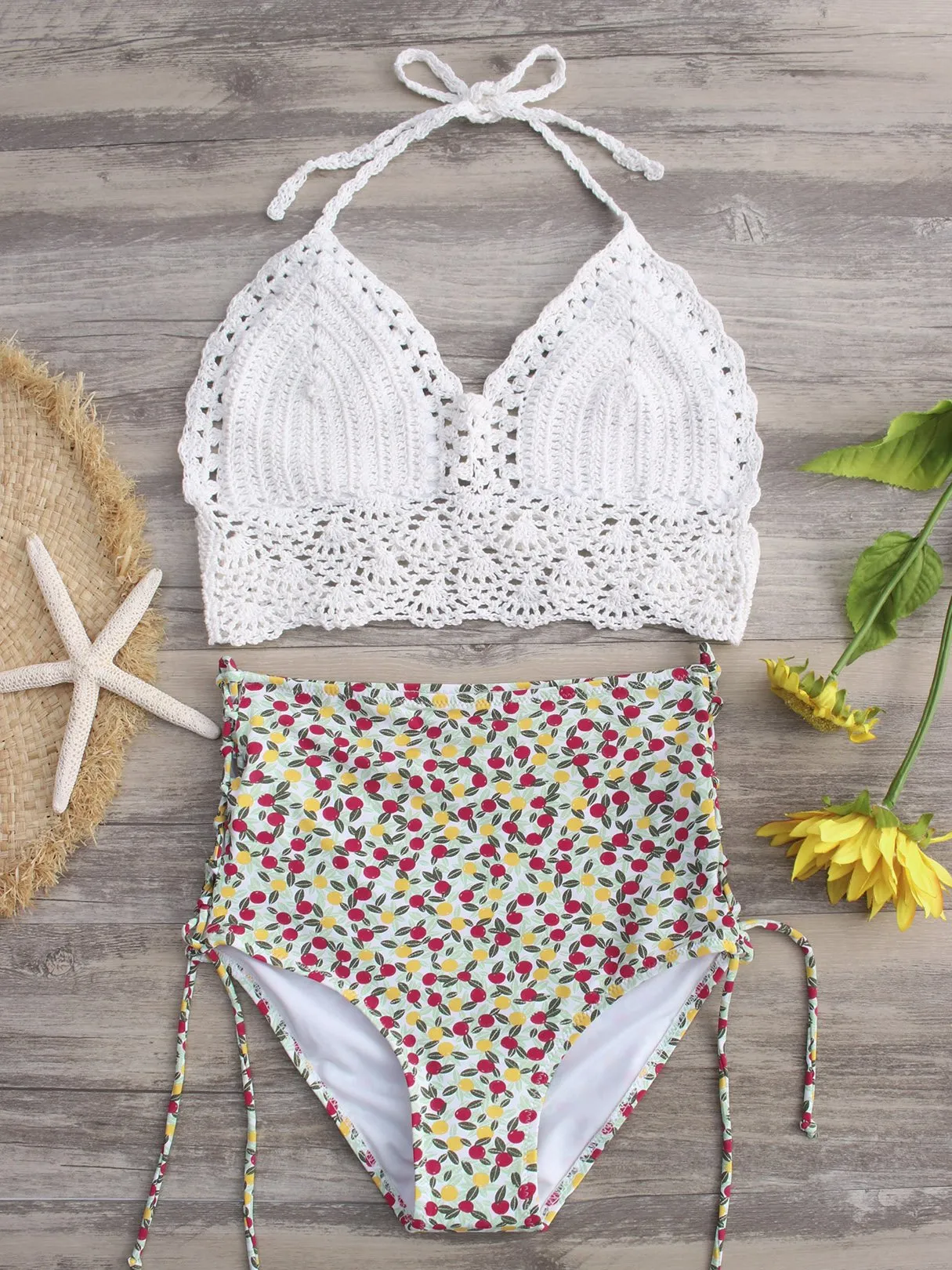 Wholesale Halter V-Neck Crochet Lace Embellished Lace-Up Tie-Up Sleeveless High Waist 2 Piece Bikinis