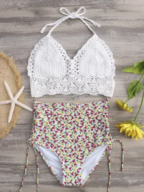 Wholesale Halter V-Neck Crochet Lace Embellished Lace-Up Tie-Up Sleeveless High Waist 2 Piece Bikinis