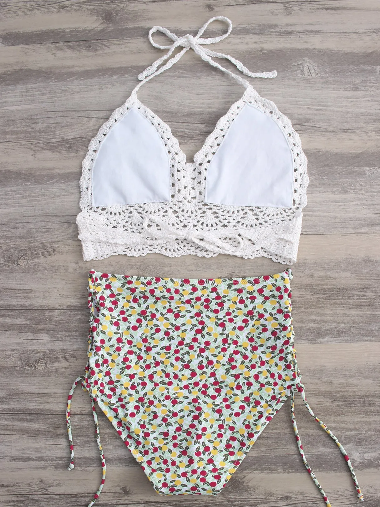 Wholesale Halter V-Neck Crochet Lace Embellished Lace-Up Tie-Up Sleeveless High Waist 2 Piece Bikinis