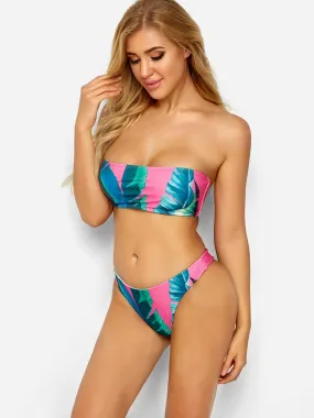 Wholesale Off The Shoulder Sleeveless Floral Print Tie-Up High Waist Two Piece Bikinis