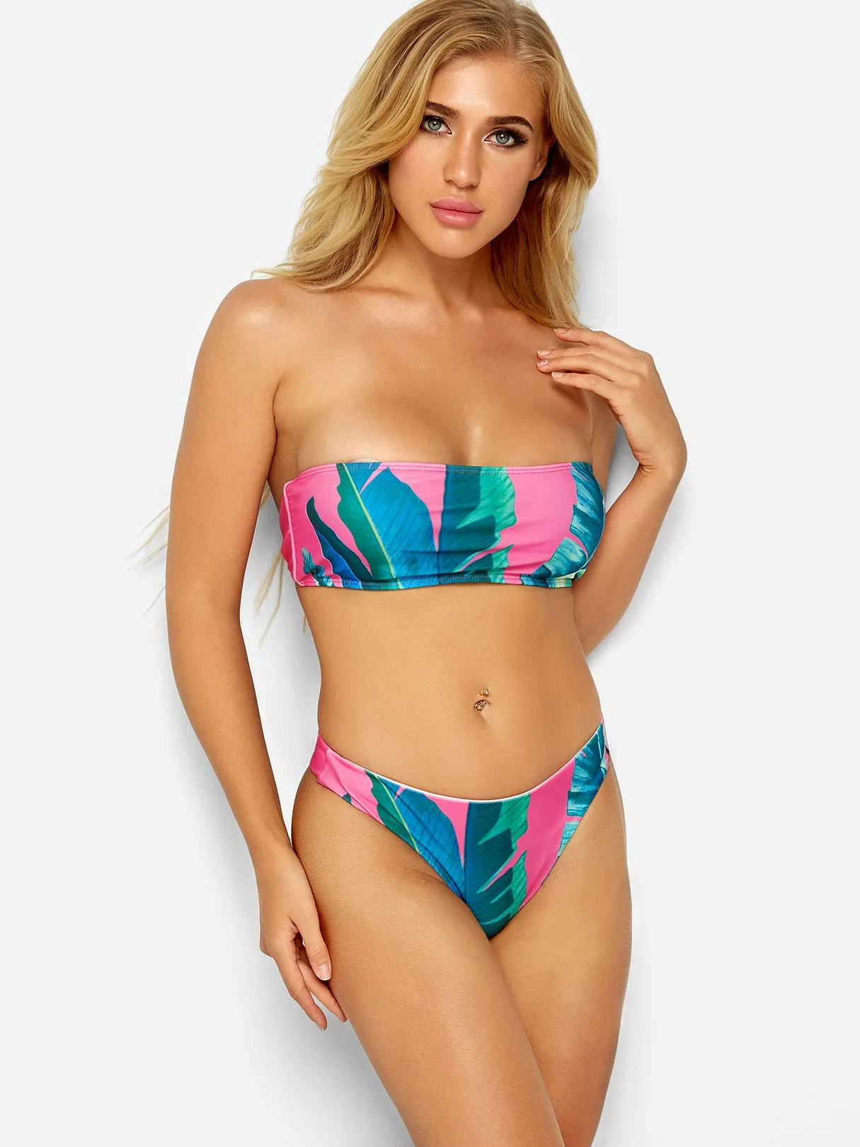 Wholesale Off The Shoulder Sleeveless Floral Print Tie-Up High Waist Two Piece Bikinis