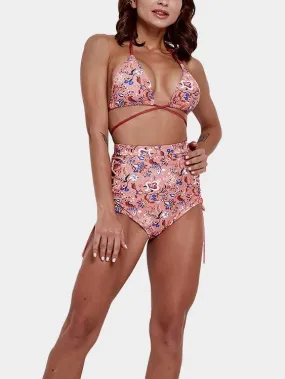 Wholesale Pink Halter V-Neck Sleeveless Floral Print Criss-Cross Tie-Up High-Waisted Two Piece Bikinis