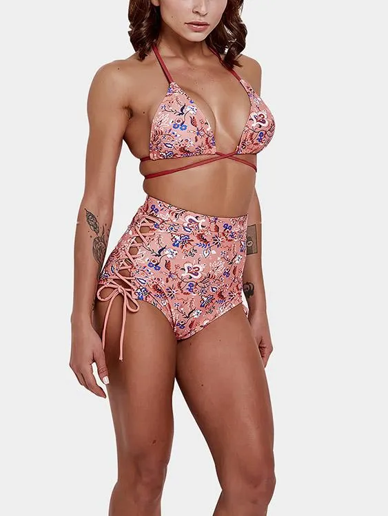 Wholesale Pink Halter V-Neck Sleeveless Floral Print Criss-Cross Tie-Up High-Waisted Two Piece Bikinis