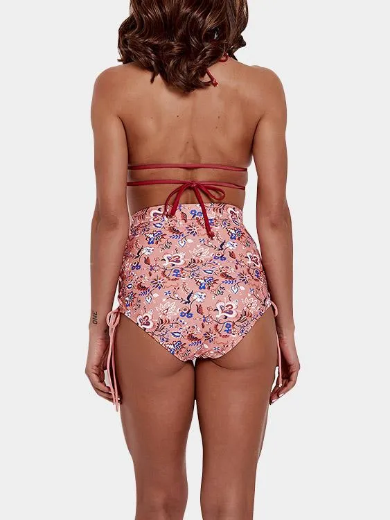Wholesale Pink Halter V-Neck Sleeveless Floral Print Criss-Cross Tie-Up High-Waisted Two Piece Bikinis