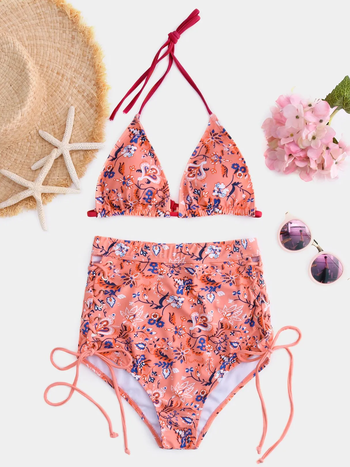 Wholesale Pink Halter V-Neck Sleeveless Floral Print Criss-Cross Tie-Up High-Waisted Two Piece Bikinis