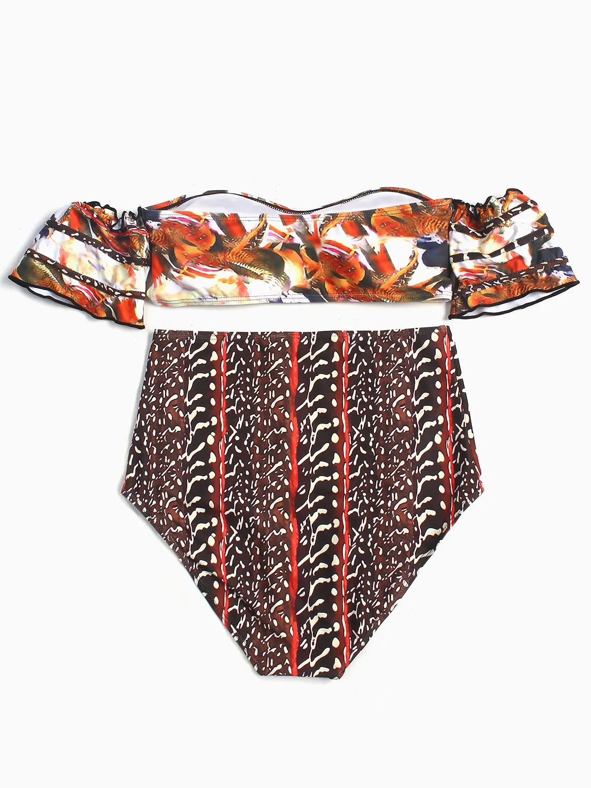 Wholesale Red Off The Shoulder Sleeveless Floral Print Two Piece Bikinis