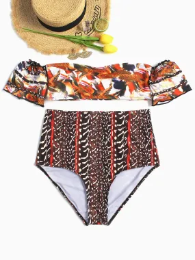 Wholesale Red Off The Shoulder Sleeveless Floral Print Two Piece Bikinis