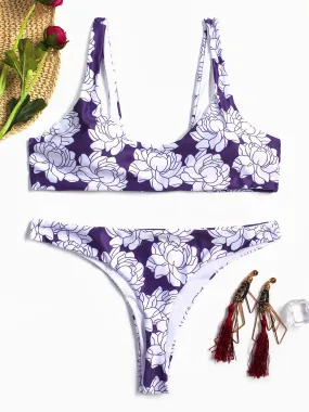 Wholesale Scoop Neck Sleeveless Floral Print Backless Two Piece Bikinis