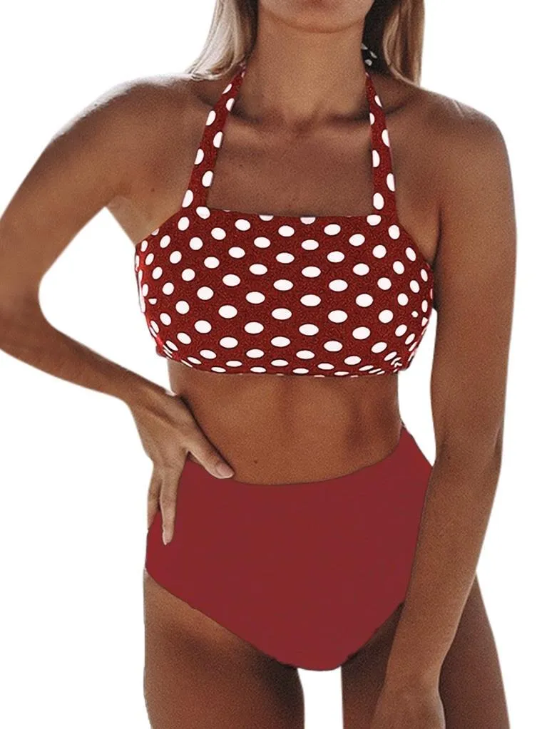Women Bikini Set Halter Vest Beach High Waist Dot Swimwear