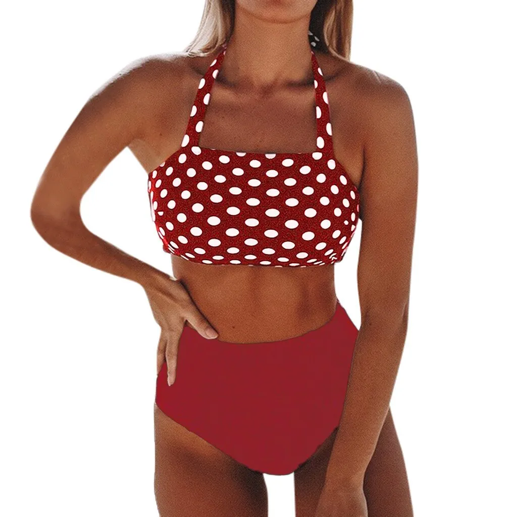 Women Bikini Set Halter Vest Beach High Waist Dot Swimwear