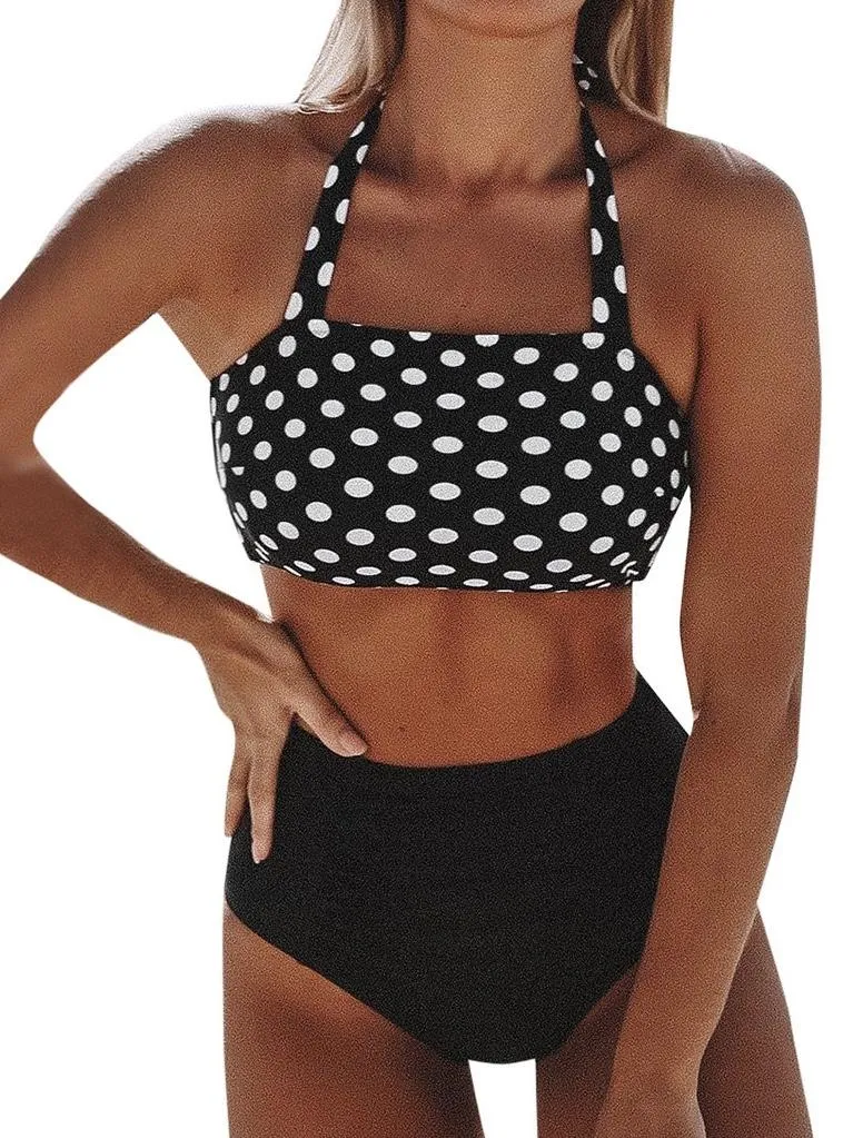 Women Bikini Set Halter Vest Beach High Waist Dot Swimwear