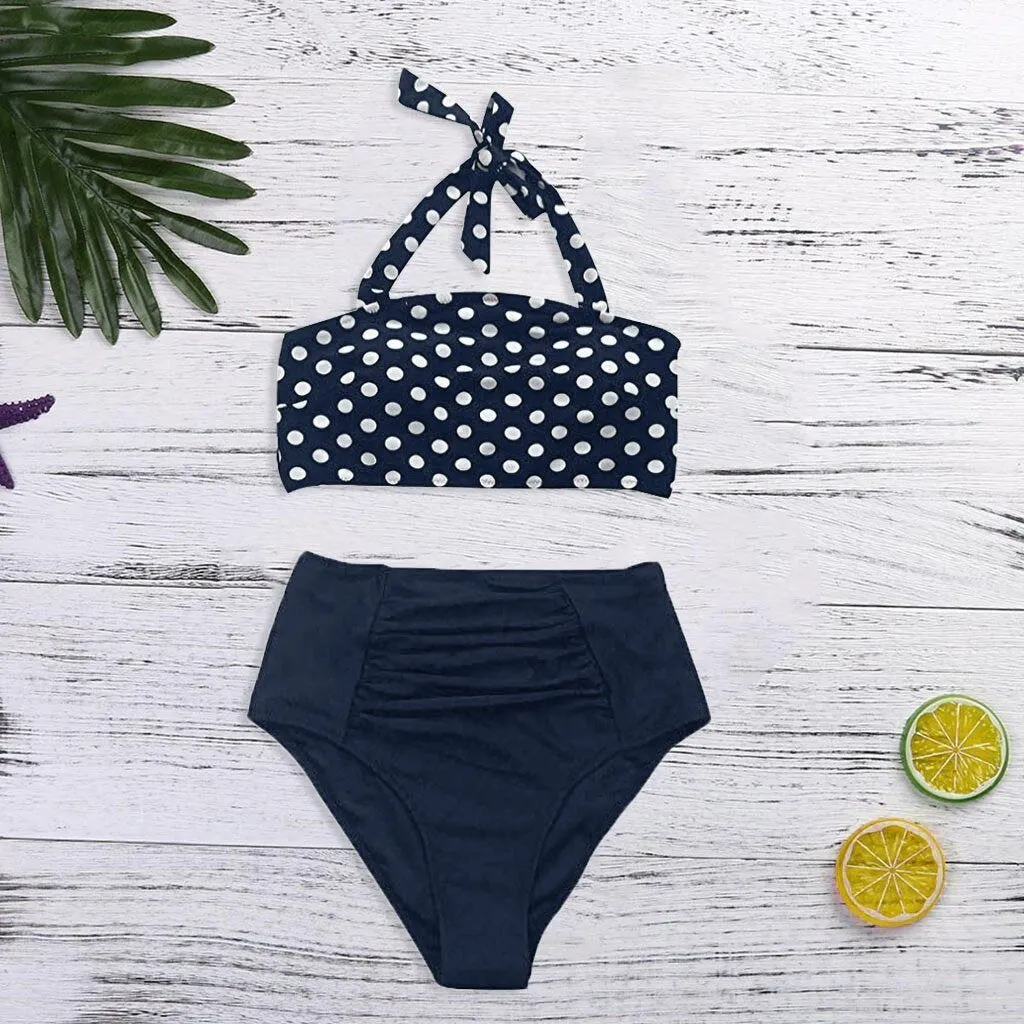 Women Bikini Set Halter Vest Beach High Waist Dot Swimwear