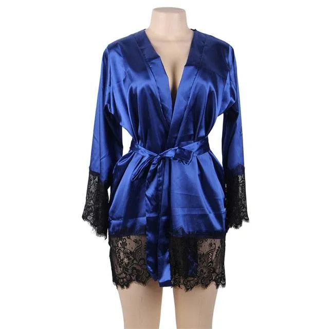 Women Long Sleeve Satin Silk Robes Plus Size Lace Robe Lingerie Solid Lace Trim Dressing Gown