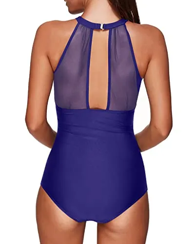 Women's High Neck Mesh One Piece Swimsuit With Tummy Control-Navy Blue
