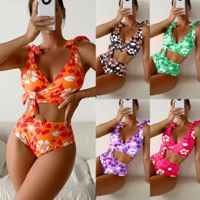 Women’s High Waist Floral Bikini with Shoulder Ties