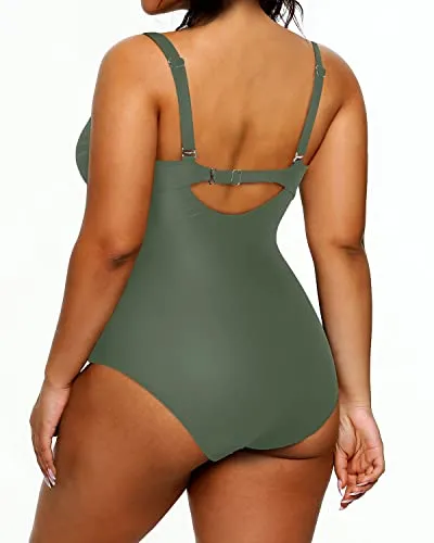 Women's Push-Up Bra One Piece V-Neck Plus Size Swimsuits-Olive Green