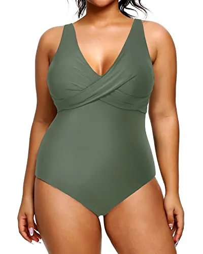 Women's Push-Up Bra One Piece V-Neck Plus Size Swimsuits-Olive Green