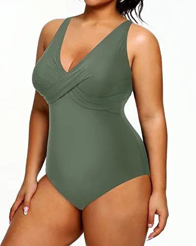 Women's Push-Up Bra One Piece V-Neck Plus Size Swimsuits-Olive Green