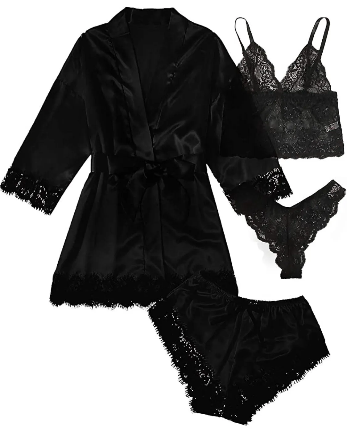 Women's Sleepwear 4pcs Floral Lace Trim Satin Cami Pajama Set with Robe