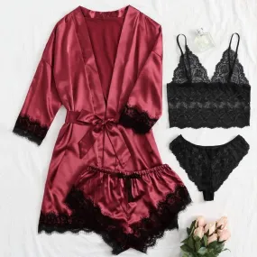 Women's Sleepwear 4pcs Floral Lace Trim Satin Cami Pajama Set with Robe