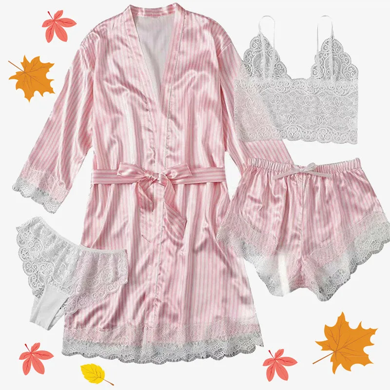 Women's Sleepwear 4pcs Floral Lace Trim Satin Cami Pajama Set with Robe