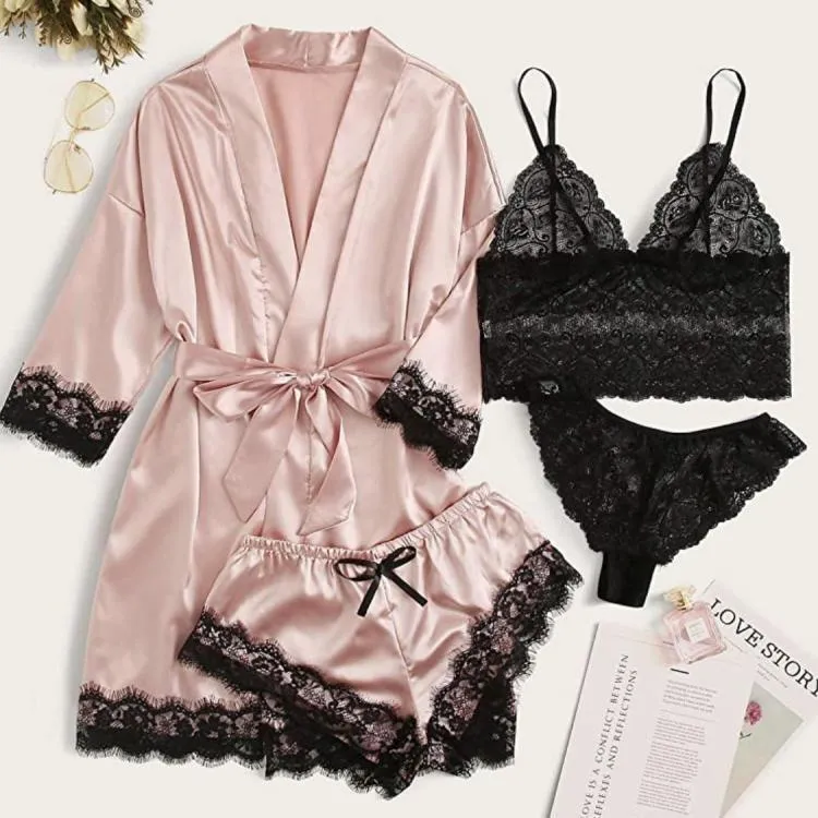 Women's Sleepwear 4pcs Floral Lace Trim Satin Cami Pajama Set with Robe