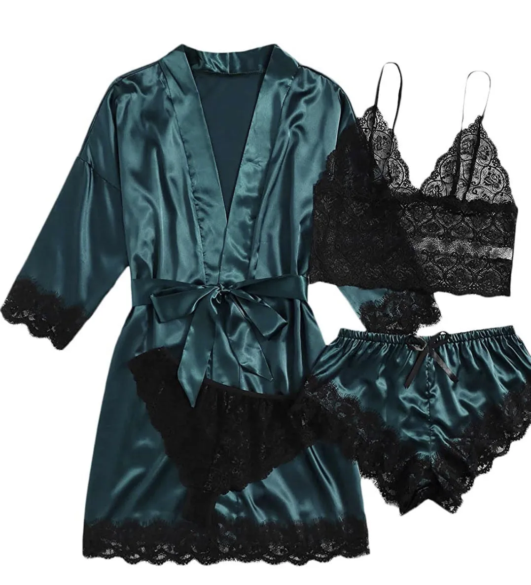 Women's Sleepwear 4pcs Floral Lace Trim Satin Cami Pajama Set with Robe