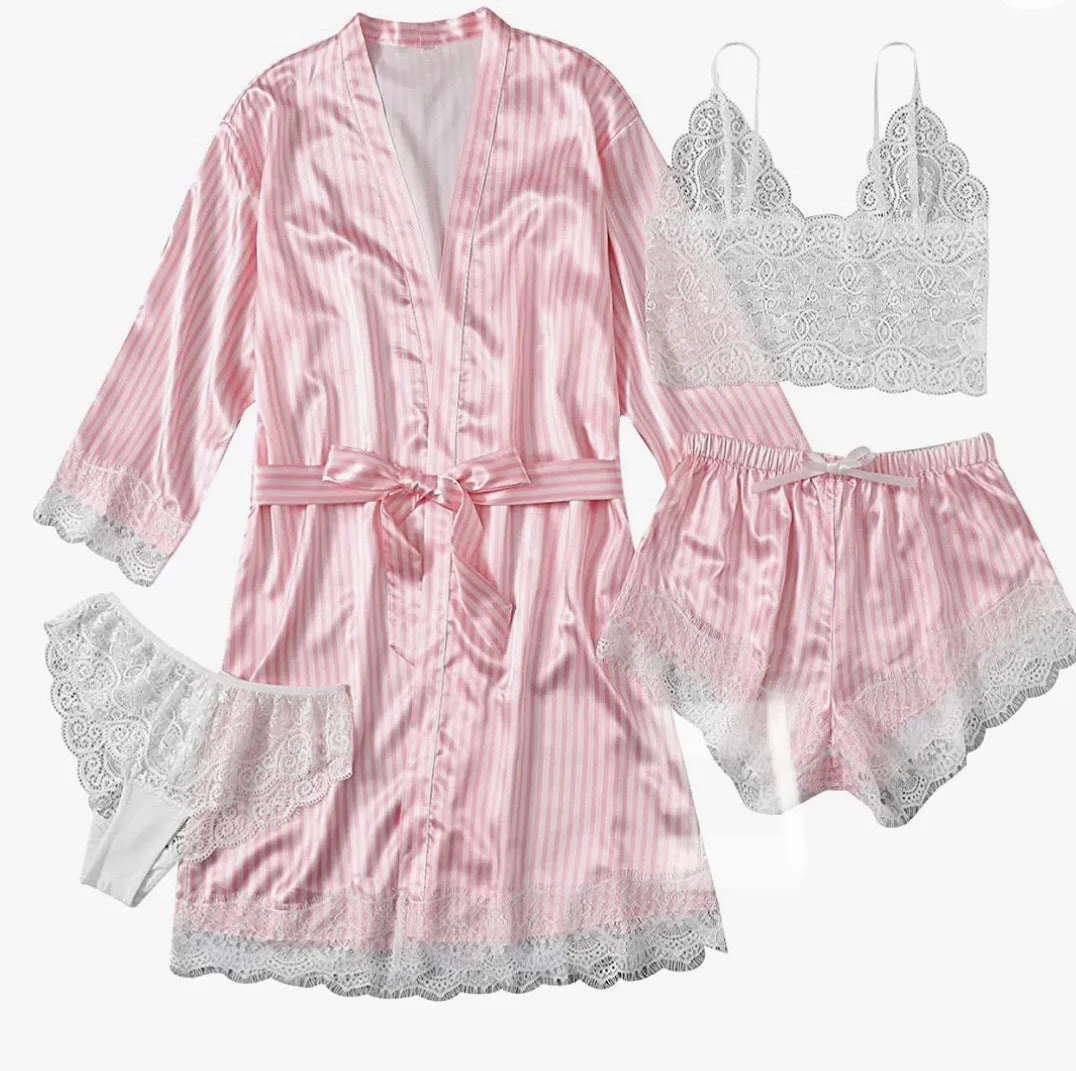 Women's Sleepwear 4pcs Floral Lace Trim Satin Cami Pajama Set with Robe