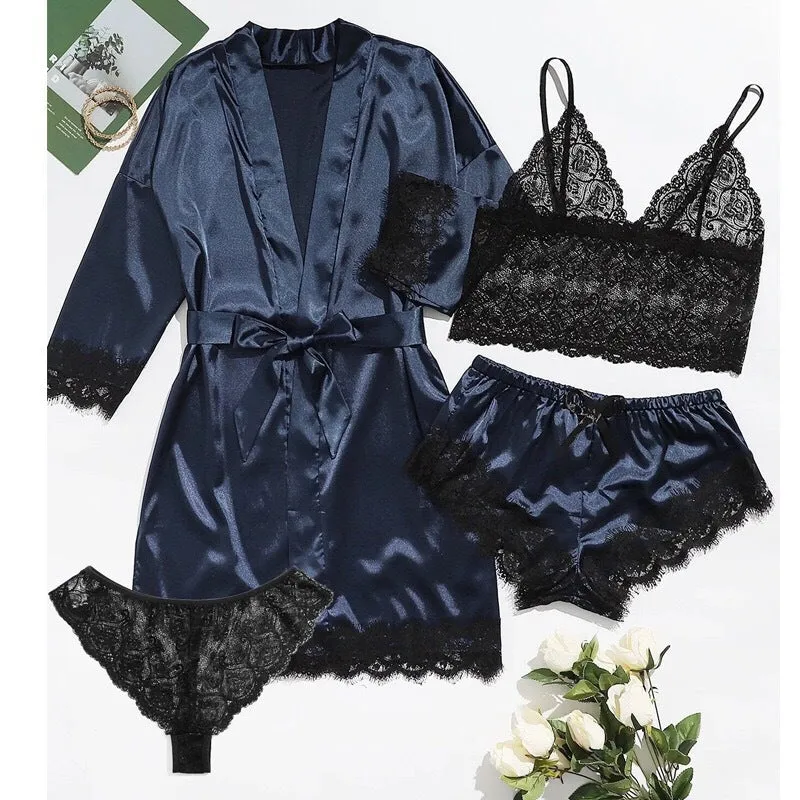 Women's Sleepwear 4pcs Floral Lace Trim Satin Cami Pajama Set with Robe