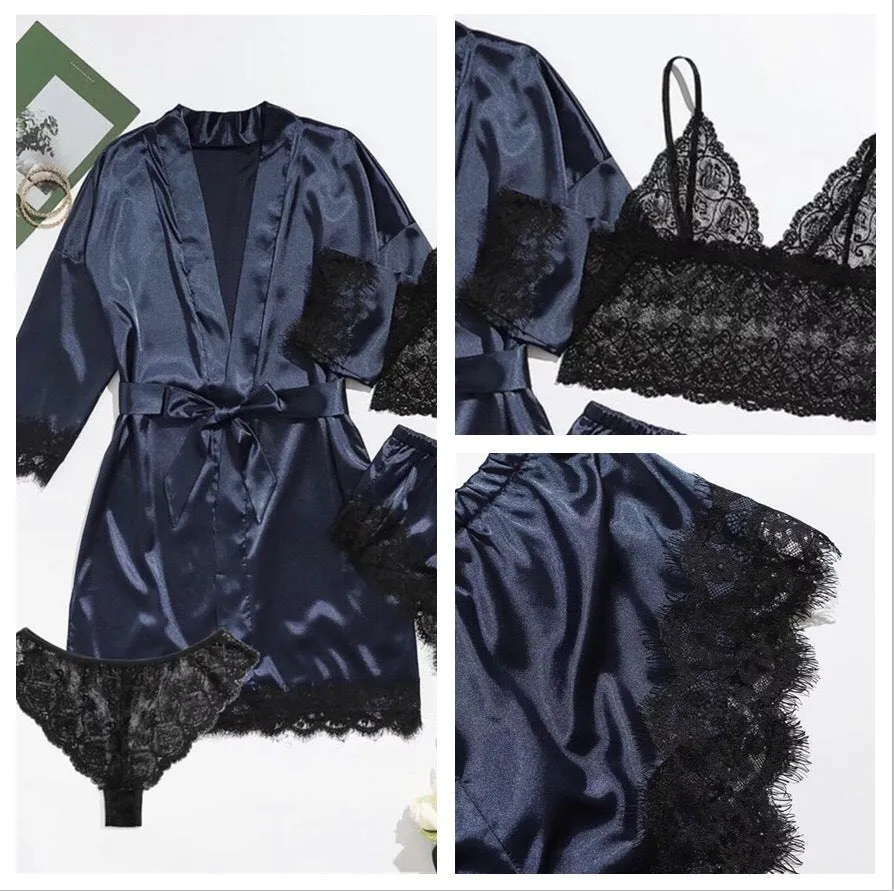 Women's Sleepwear 4pcs Floral Lace Trim Satin Cami Pajama Set with Robe