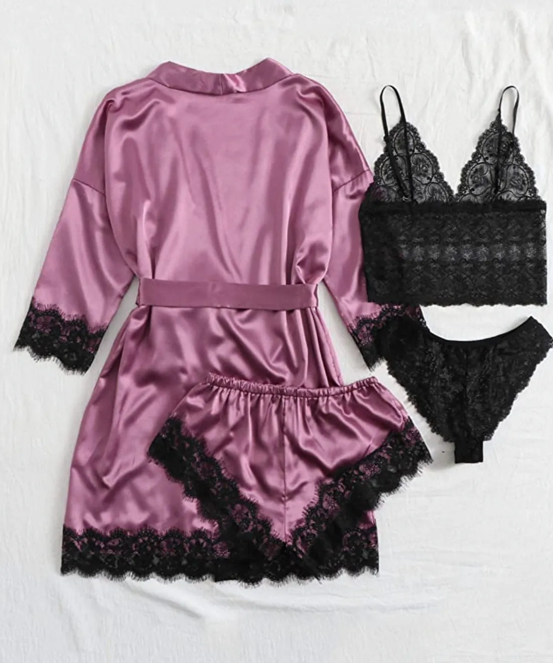 Women's Sleepwear 4pcs Floral Lace Trim Satin Cami Pajama Set with Robe
