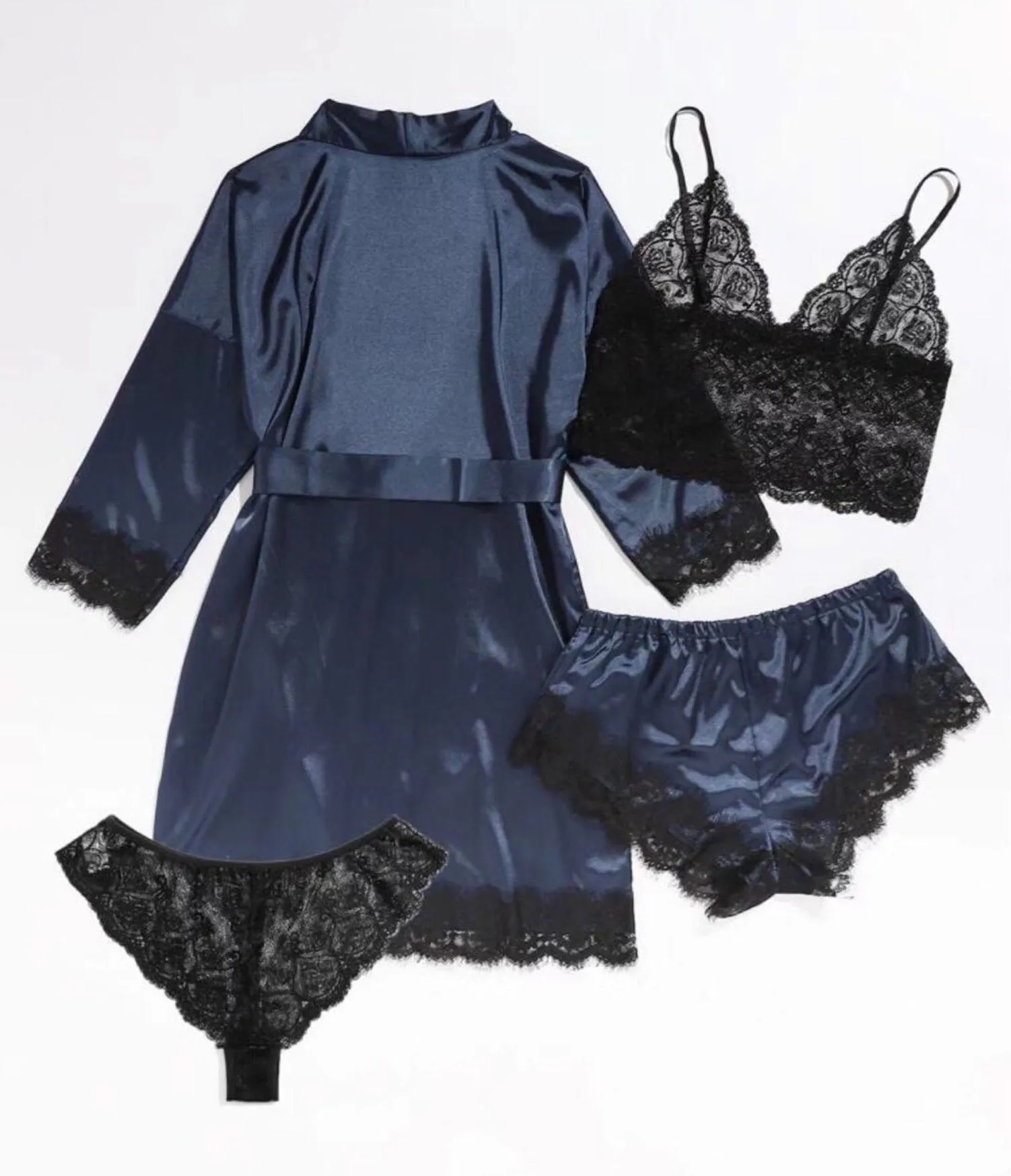 Women's Sleepwear 4pcs Floral Lace Trim Satin Cami Pajama Set with Robe