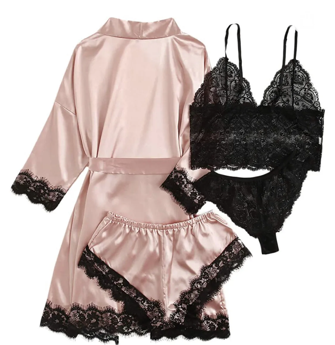 Women's Sleepwear 4pcs Floral Lace Trim Satin Cami Pajama Set with Robe