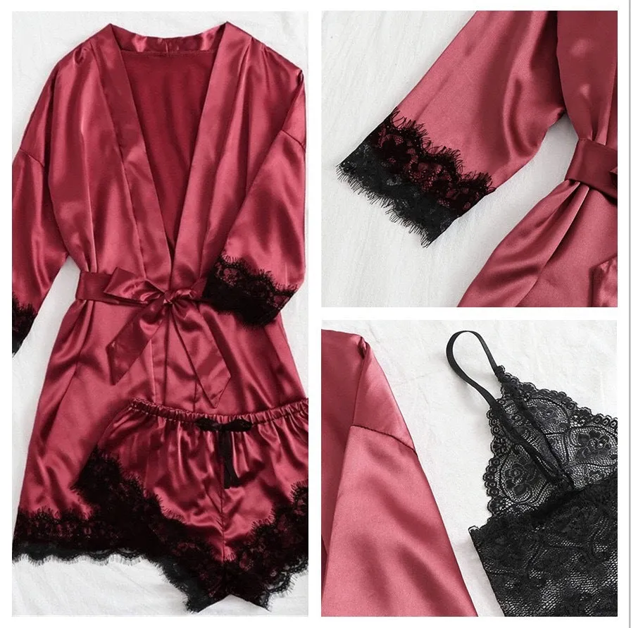 Women's Sleepwear 4pcs Floral Lace Trim Satin Cami Pajama Set with Robe