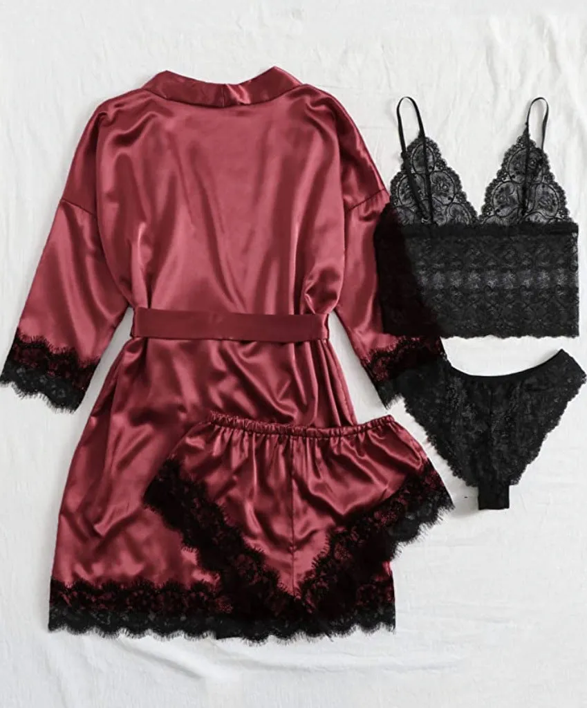Women's Sleepwear 4pcs Floral Lace Trim Satin Cami Pajama Set with Robe