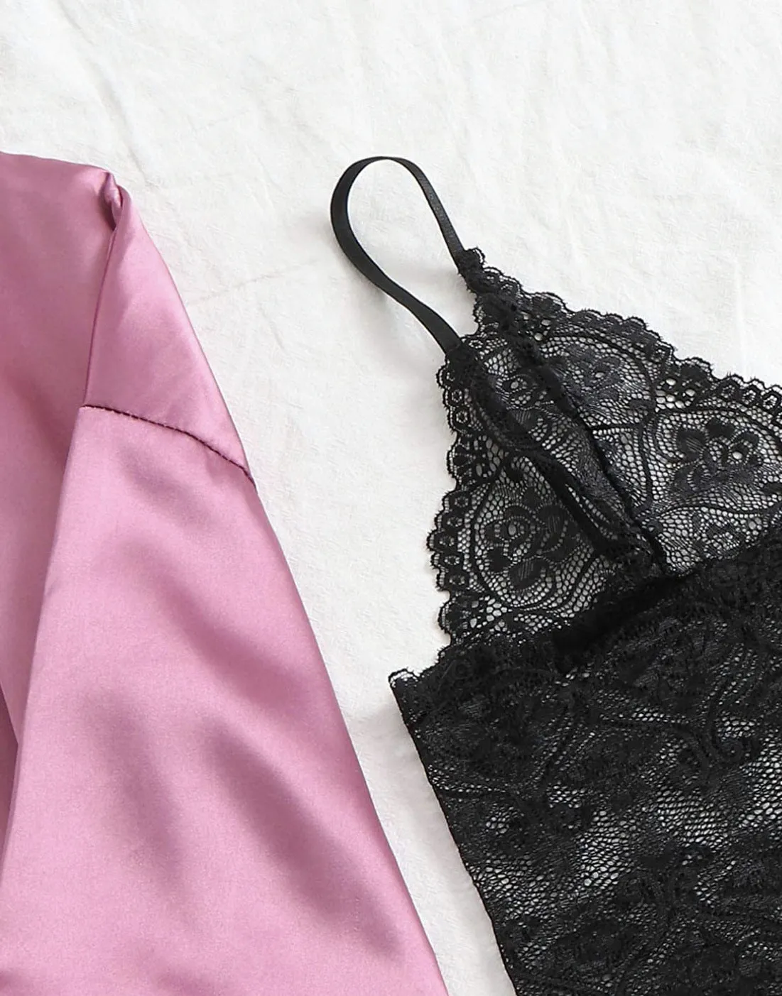 Women's Sleepwear 4pcs Floral Lace Trim Satin Cami Pajama Set with Robe