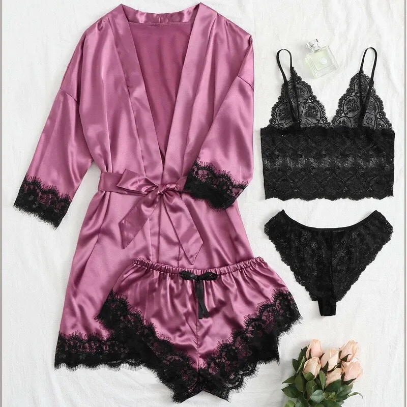 Women's Sleepwear 4pcs Floral Lace Trim Satin Cami Pajama Set with Robe
